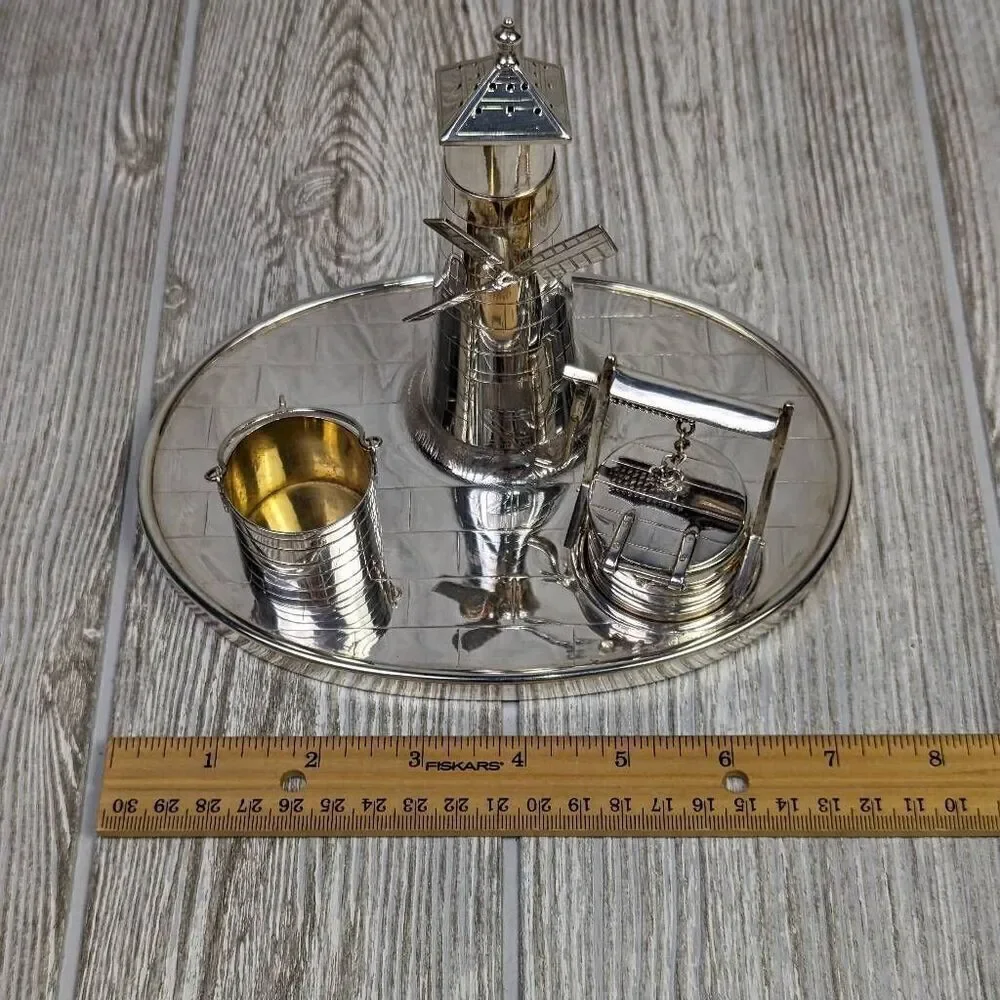 Victorian Silver Plated Novelty Cruet Set with Engraved Windmill Style Pepper Po